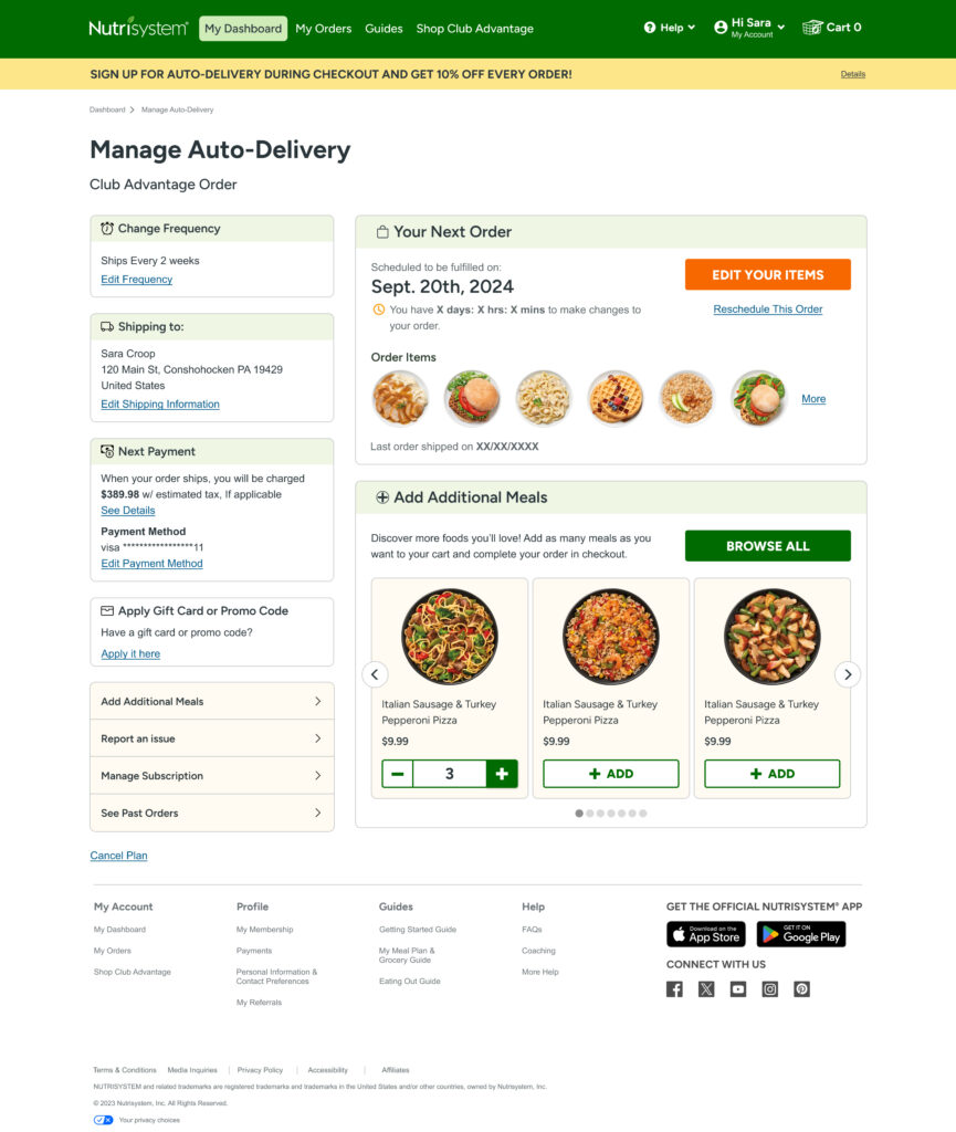 Manage next order page