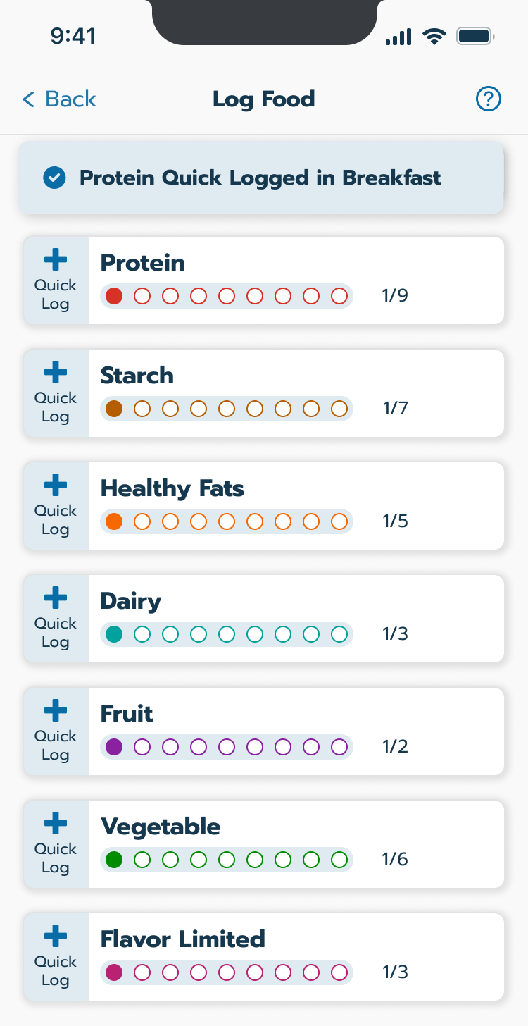 Quick log food category list