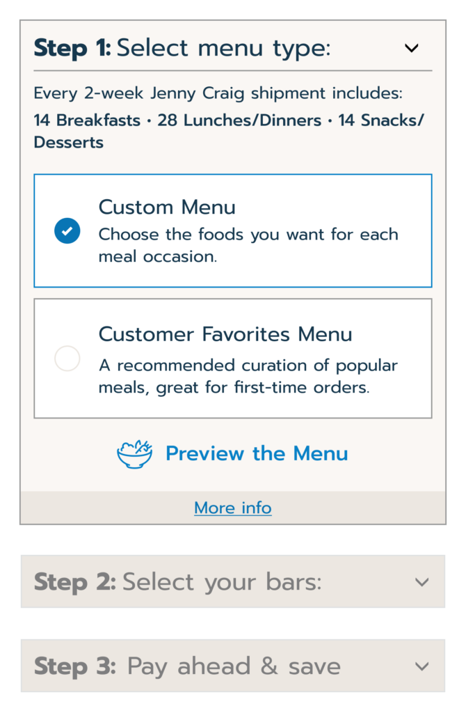 Mobile order options showing menu type, bars, and payment selections