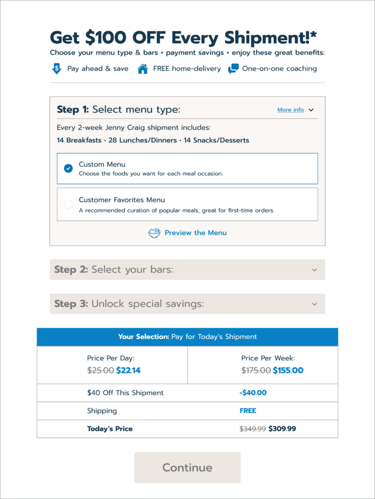 Desktop order options showing menu type, bars, and payment selections