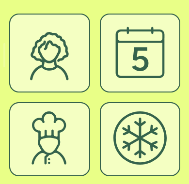 four app icons showing a woman, number five, chef, and snowflake.
