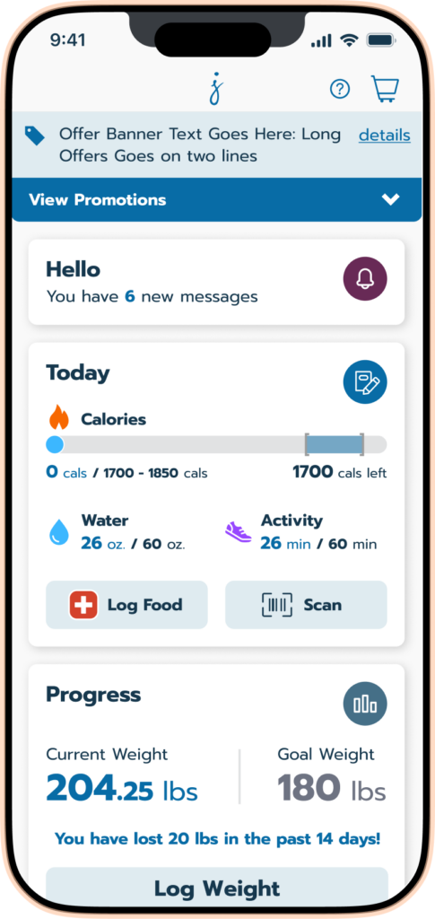 A smartphone screen displays a health tracking app with calories, water, and activity goals, new message alerts, current and goal weight, and a banner for promotions at the top. Progress and logging options are visible.