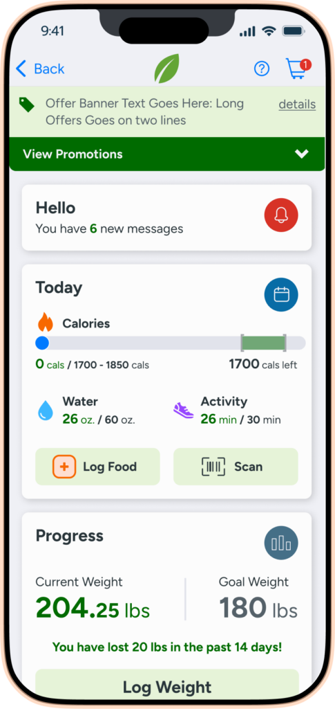 A smartphone screen displays a weight loss app showing new messages, calorie tracking, water and activity goals, current weight of 204.25 lbs, goal weight of 180 lbs, and a log weight button at the bottom.